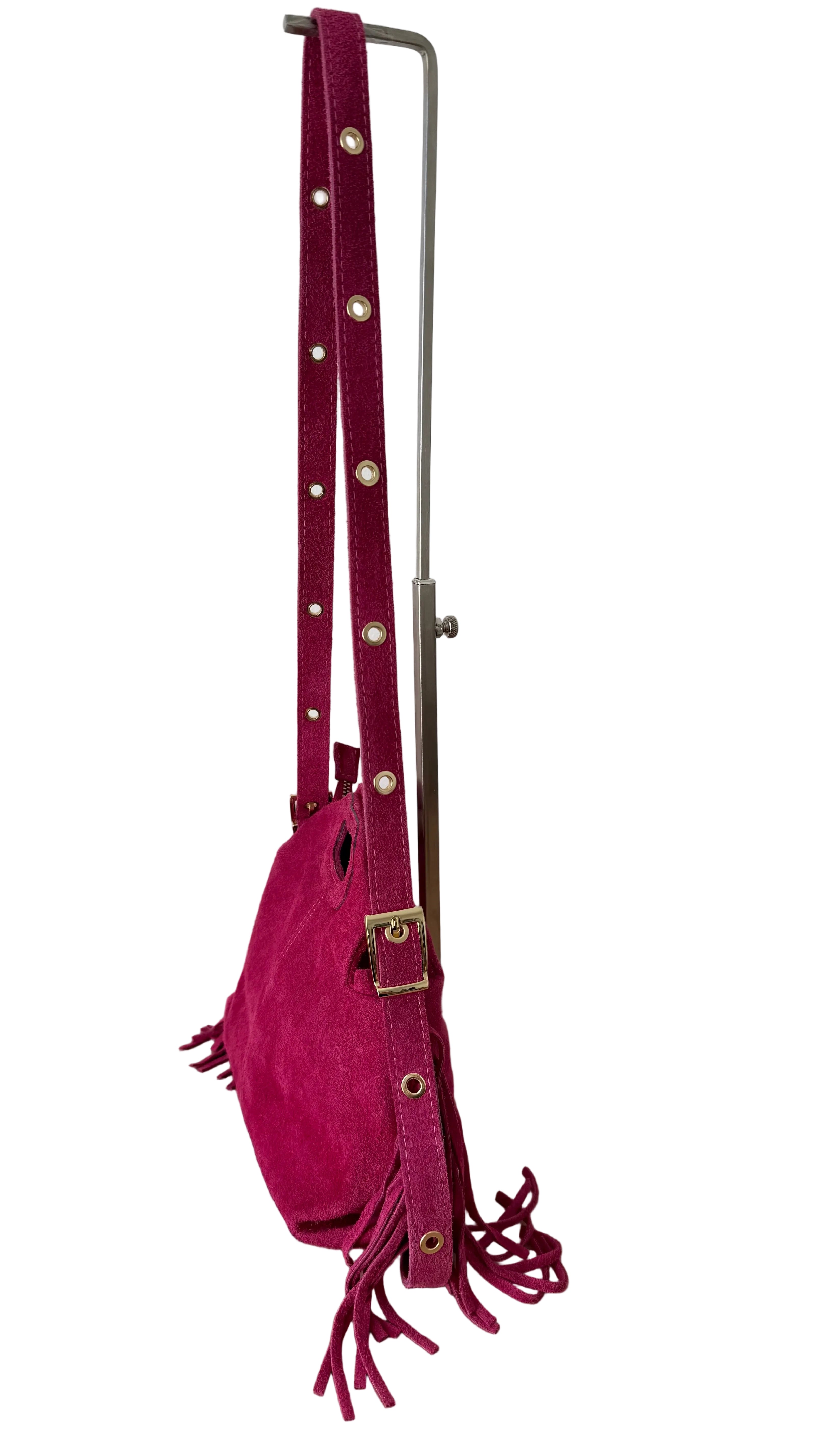 Sac à bandoulière à franges en cuir daim rose fabriqué en Italie - Fiorella