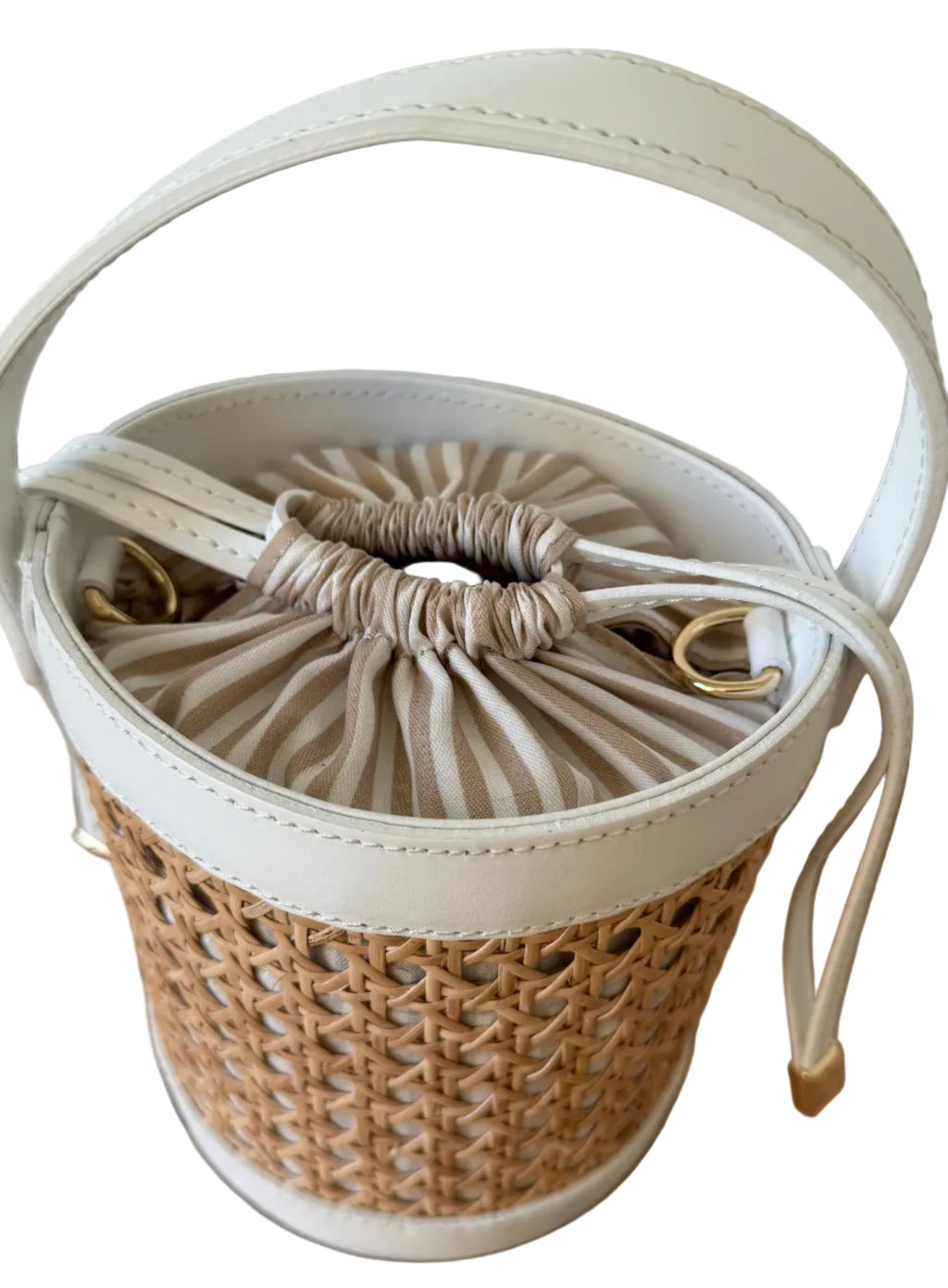 Sac seau en cuir blanc et cannage made in Italy