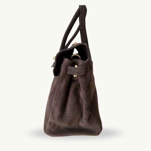 sac à main marron foncé en daim avec boucle dorée made in italy - Fiorella