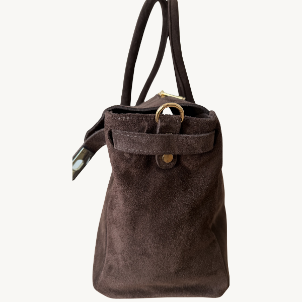 sac à main marron foncé en daim avec boucle dorée made in italy - Fiorella