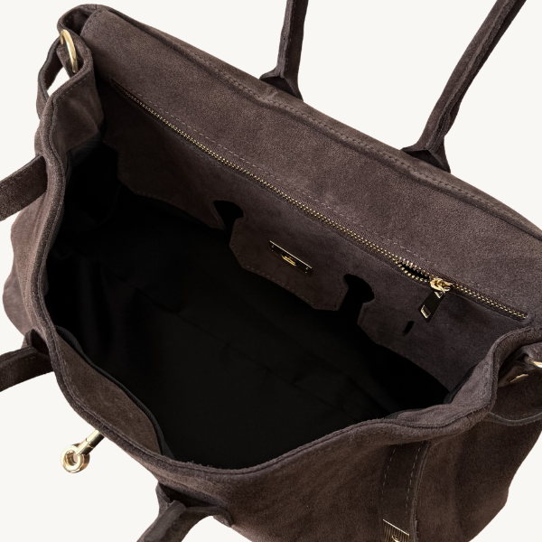 sac à main marron foncé en daim avec boucle dorée made in italy - Fiorella