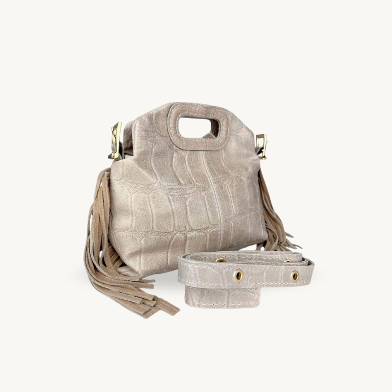 Sac à bandoulière beige à franges aspect crocodile en cuir made in Italy - Fiorella