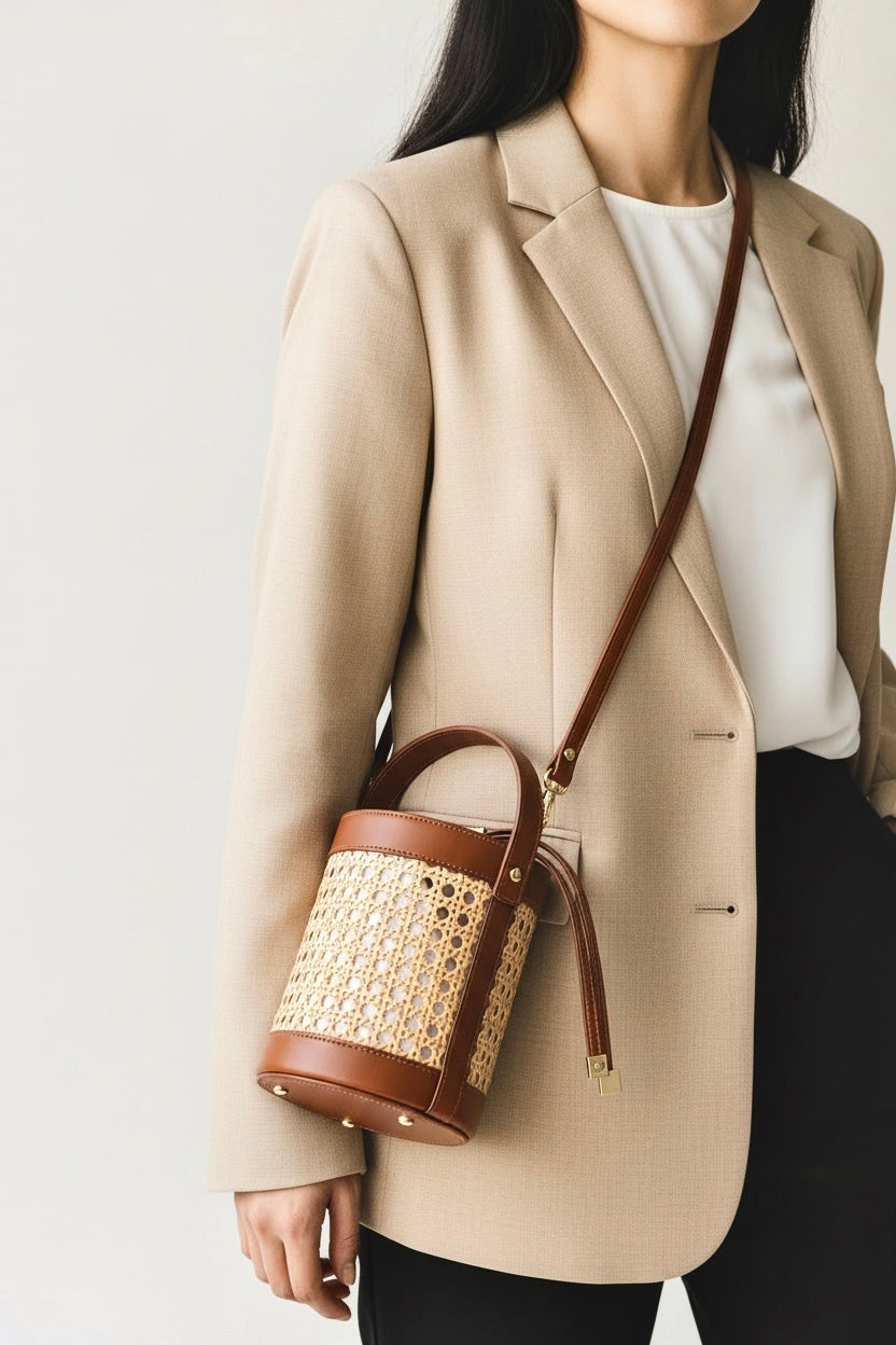 sac à bandoulière et seau en cuir camel et cannage made in Italy - Fiorella