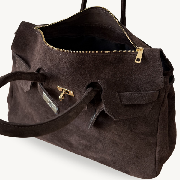 sac à main marron foncé en daim avec boucle dorée made in italy - Fiorella