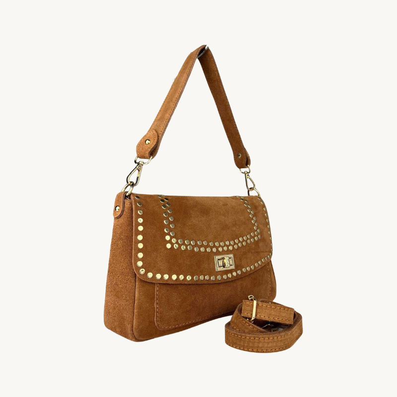 Sac à bandoulière camel en daim et studs dorés made in Italy - Fiorella