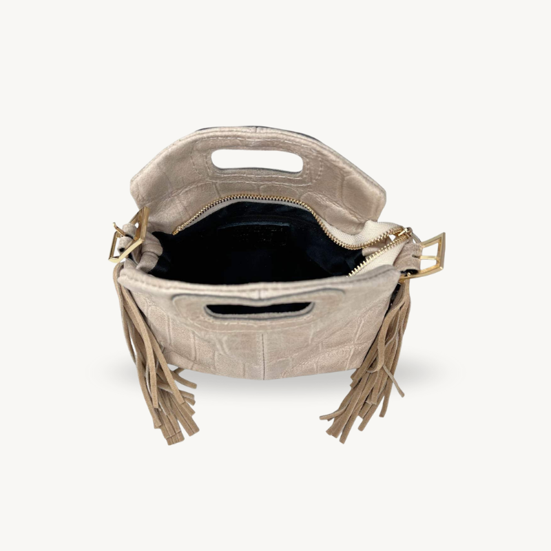 Sac à bandoulière beige à franges aspect crocodile en cuir made in Italy - Fiorella