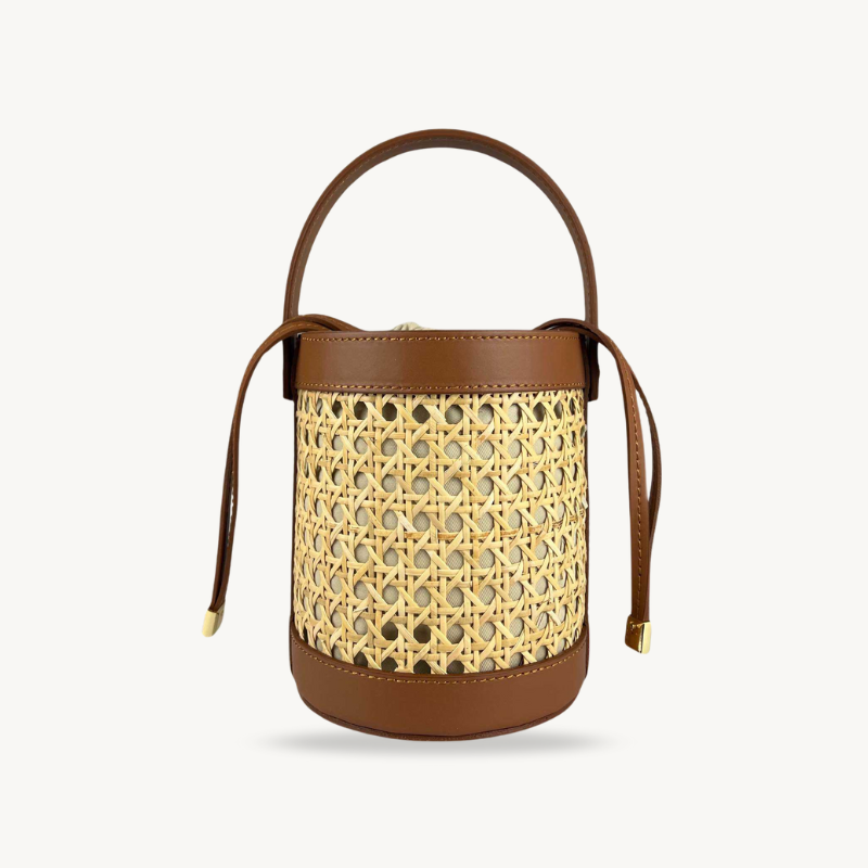 sac à bandoulière et seau en cuir camel et cannage made in Italy - Fiorella