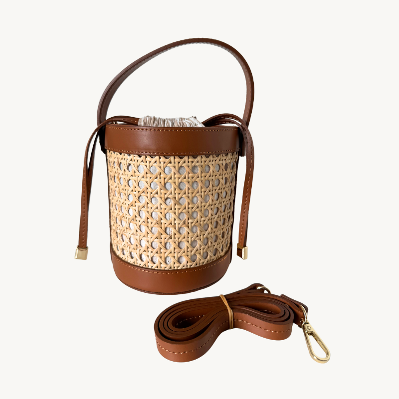 sac à bandoulière et seau en cuir camel et cannage made in Italy - Fiorella