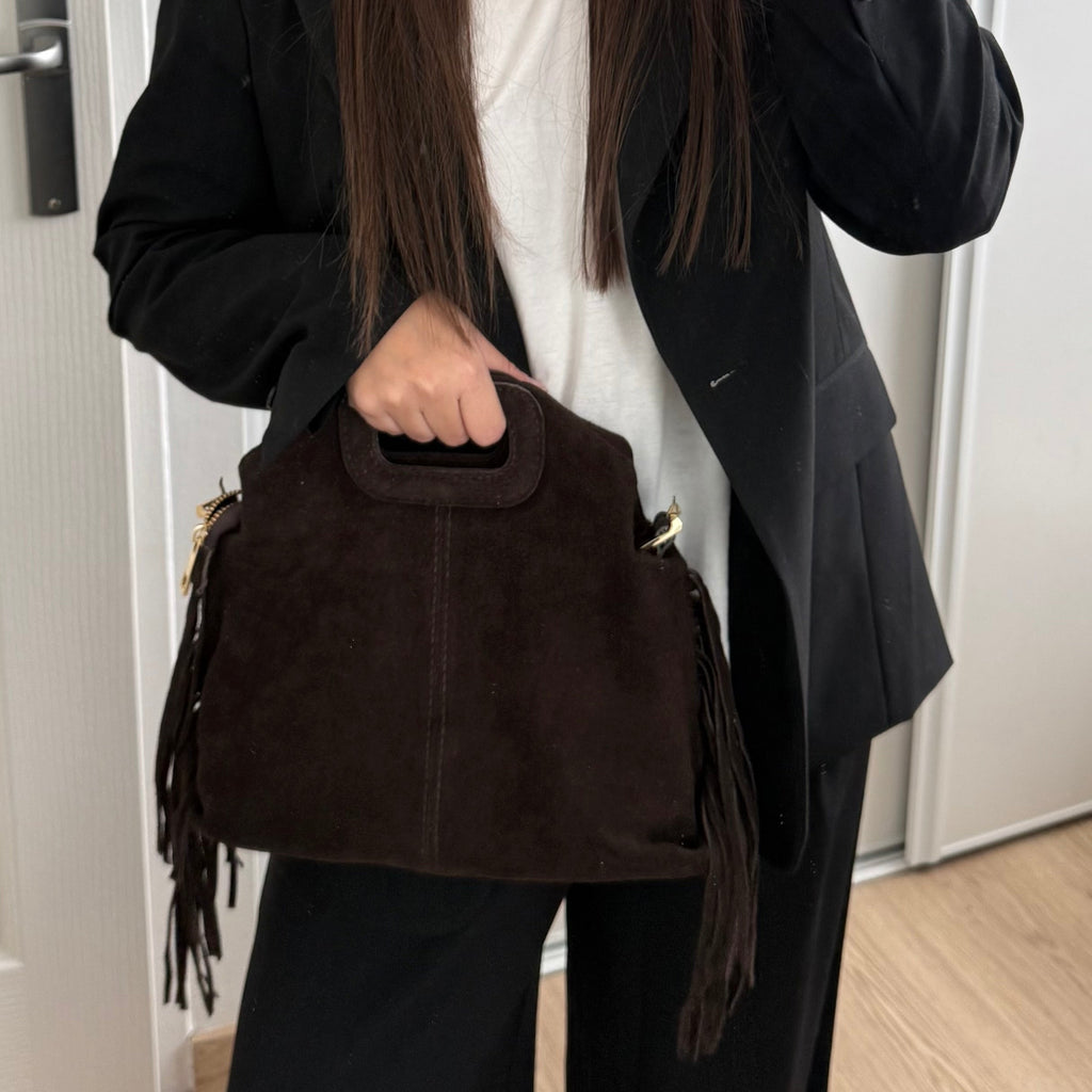 Sac à bandoulière marron foncé en daim à franges made in Italy - Fiorella