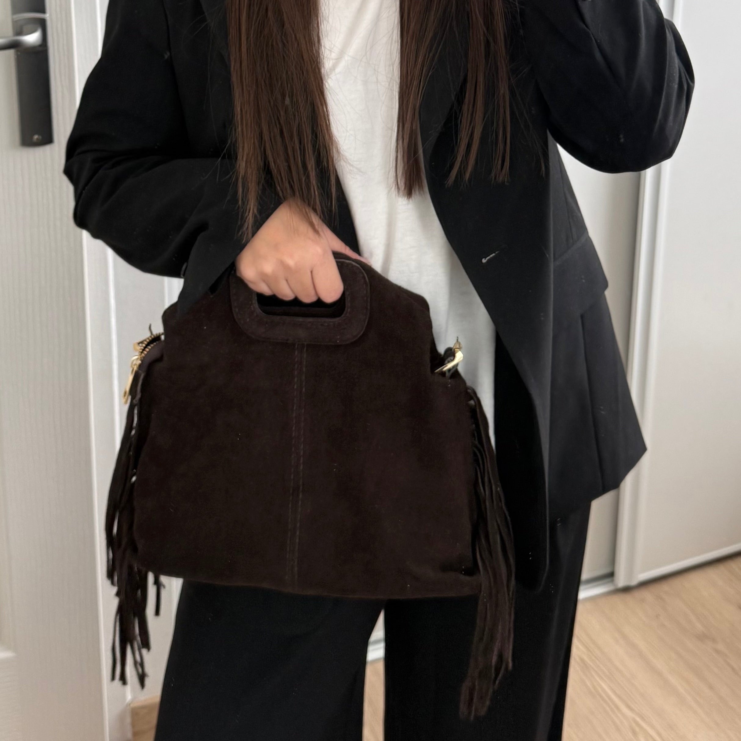 Sac à bandoulière marron foncé en daim à franges made in Italy - Fiorella