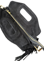 Sac à bandoulière noir en daim à franges made in Italy - Fiorella