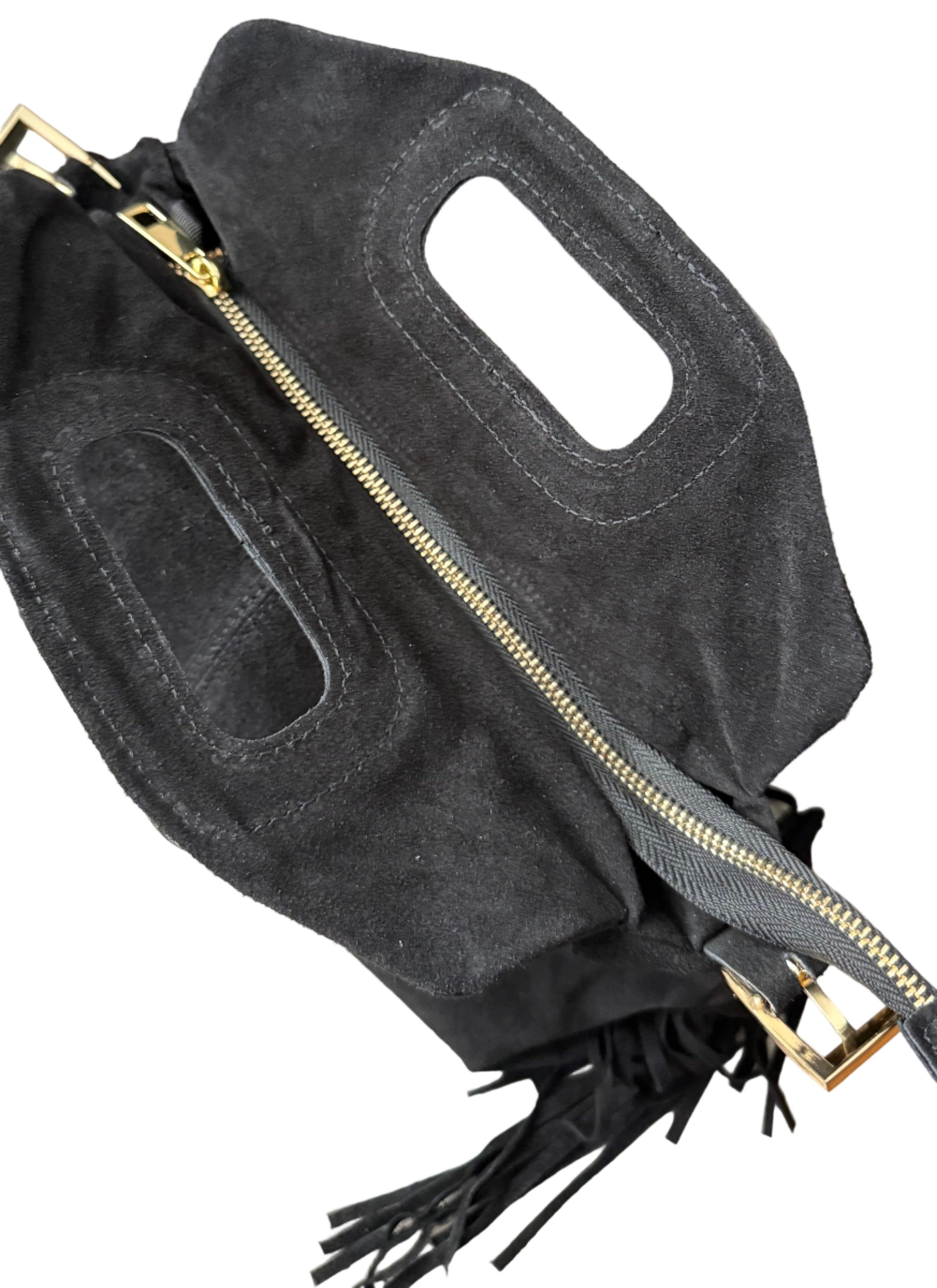 Sac à bandoulière noir en daim à franges made in Italy - Fiorella