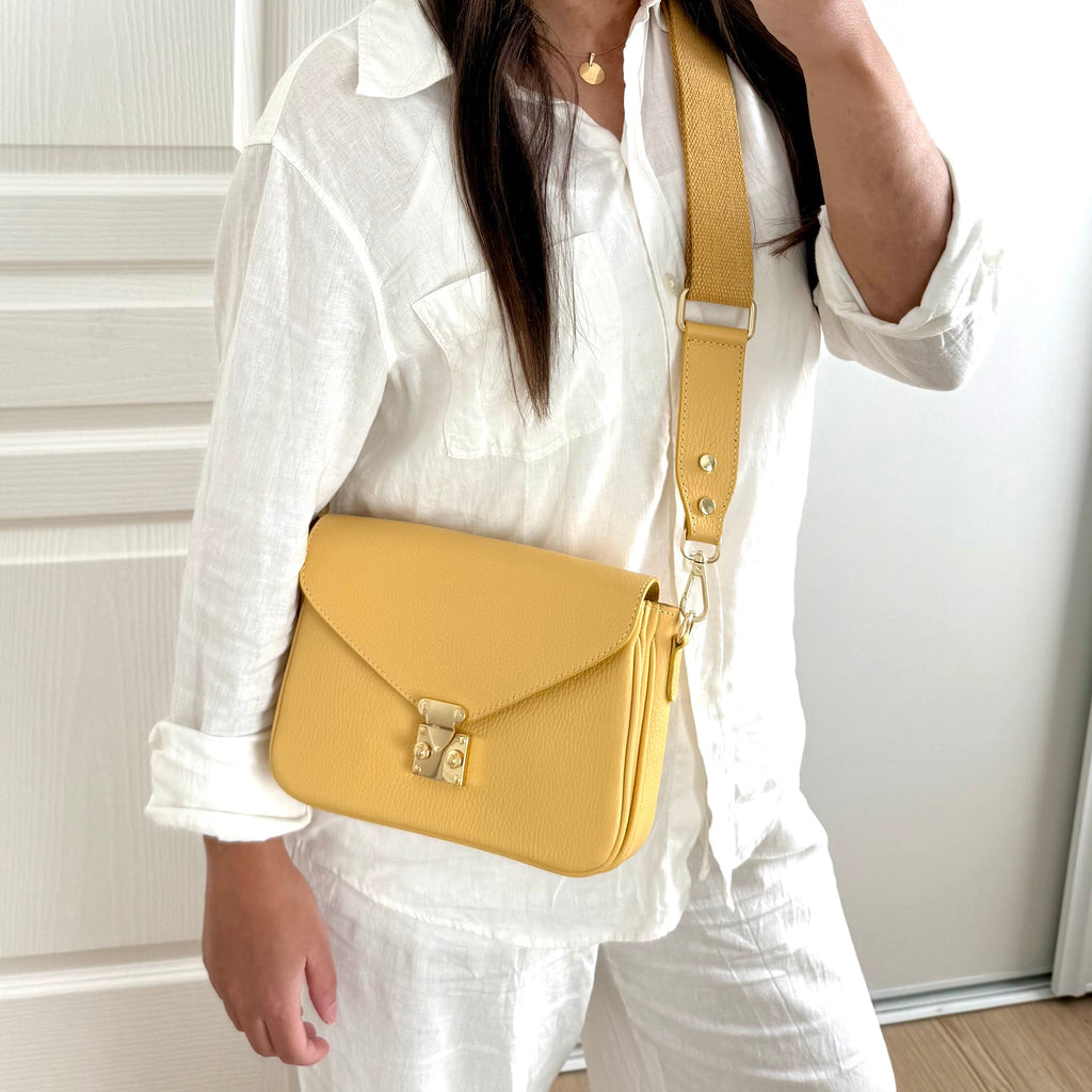 Sac à bandoulière jaune en cuir type cartable made in Italy - Fiorella