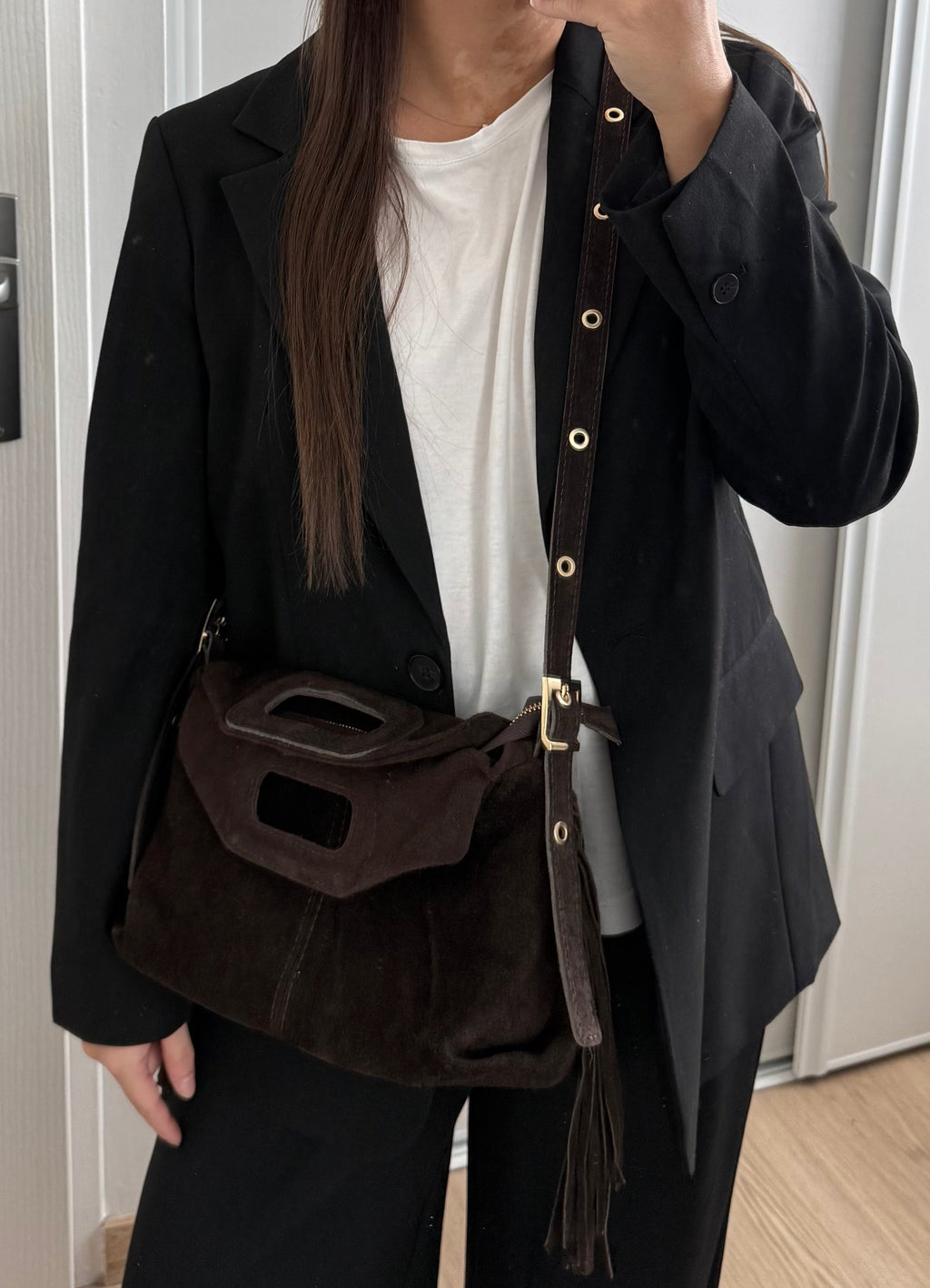 Sac à bandoulière marron foncé en daim à franges made in Italy - Fiorella
