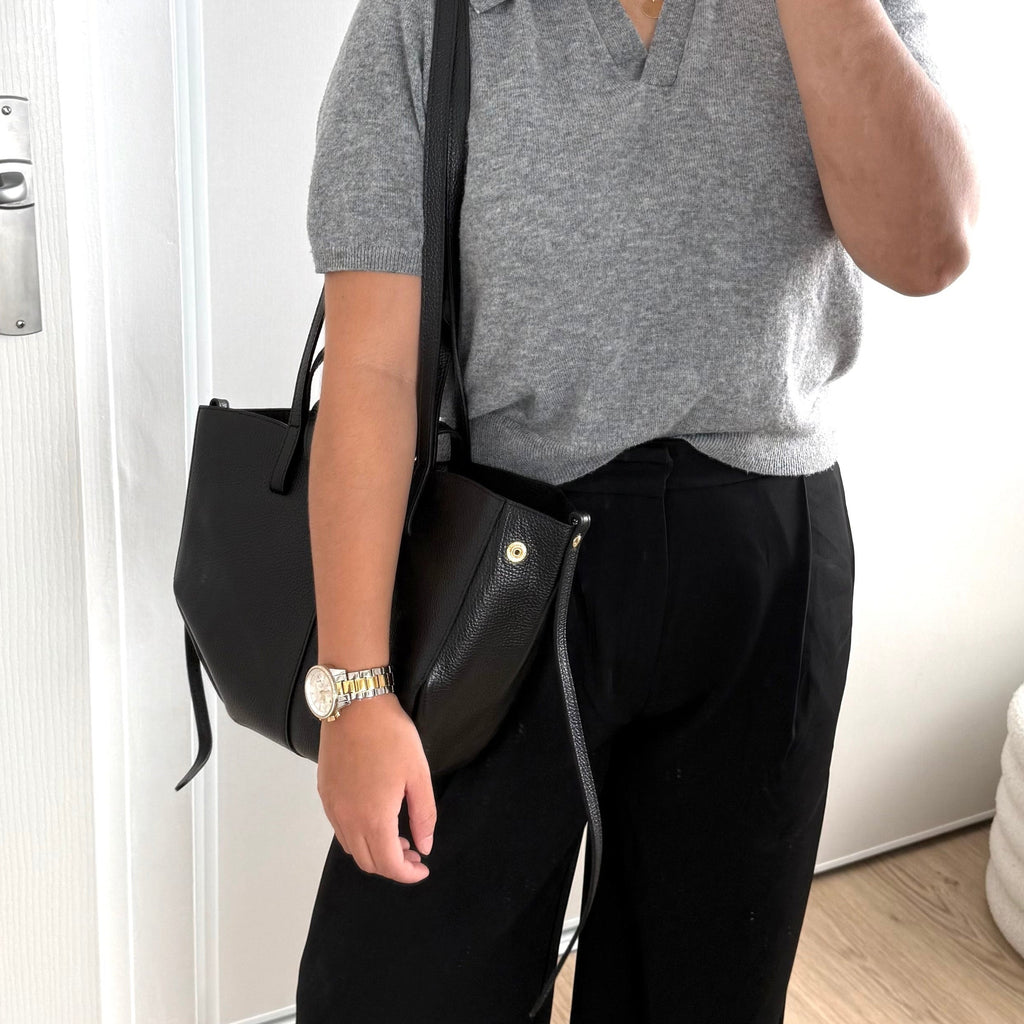sac cabas noir double anses en cuir made in italy - Fiorella