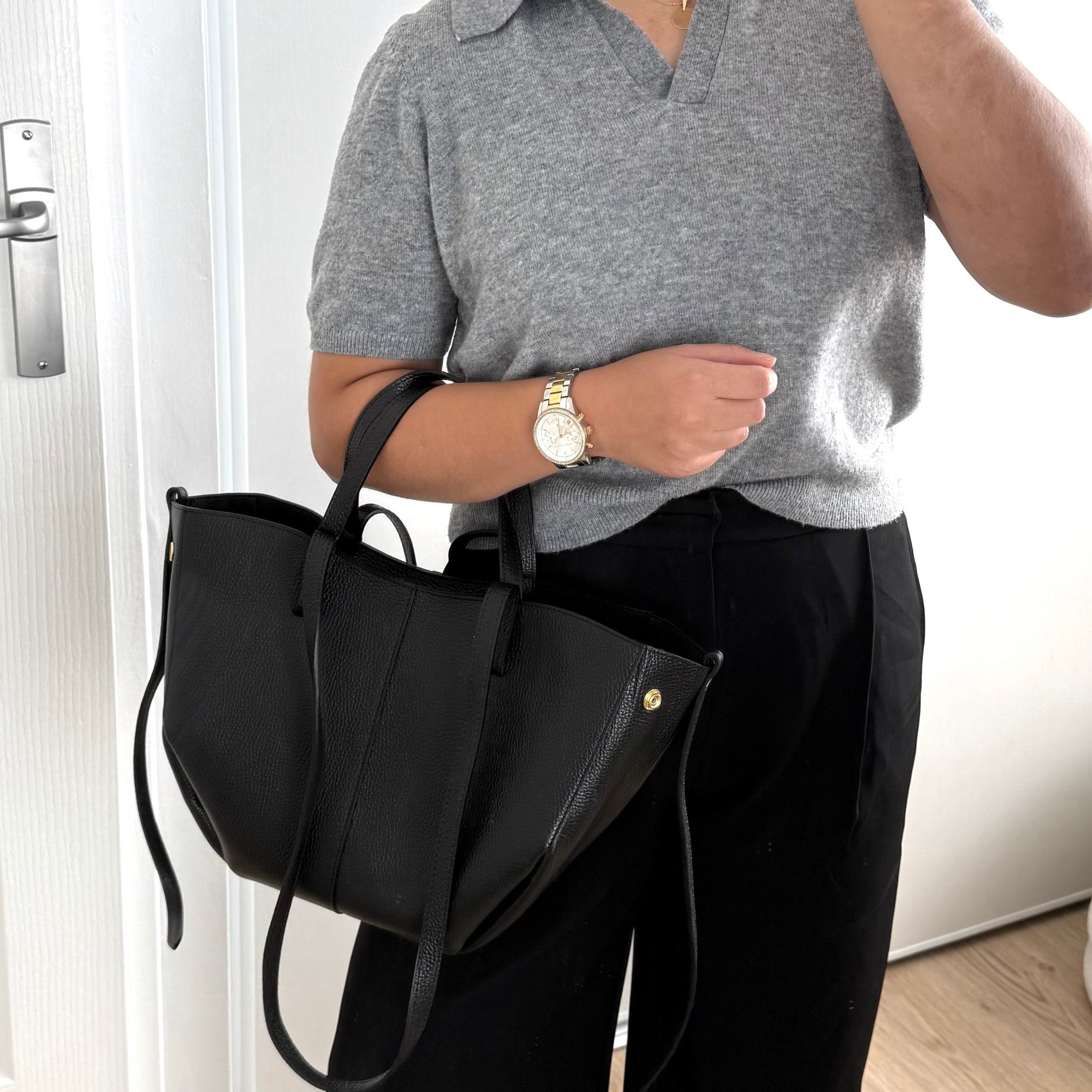 sac cabas noir double anses en cuir made in italy - Fiorella