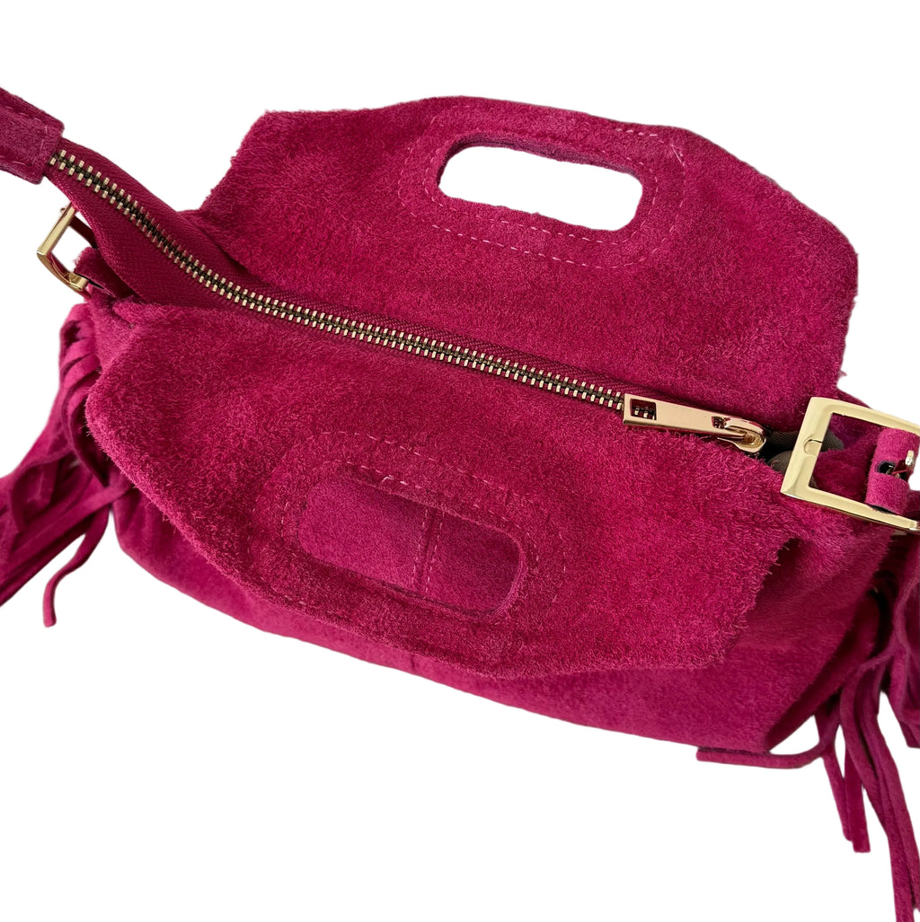 Sac à bandoulière à franges en cuir daim rose fabriqué en Italie - Fiorella