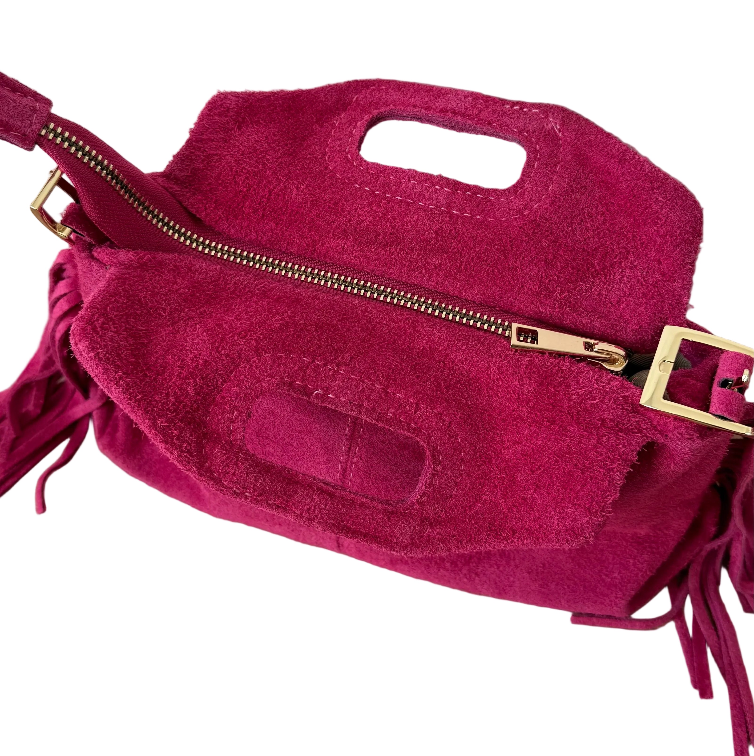 Sac à bandoulière à franges en cuir daim rose fabriqué en Italie - Fiorella