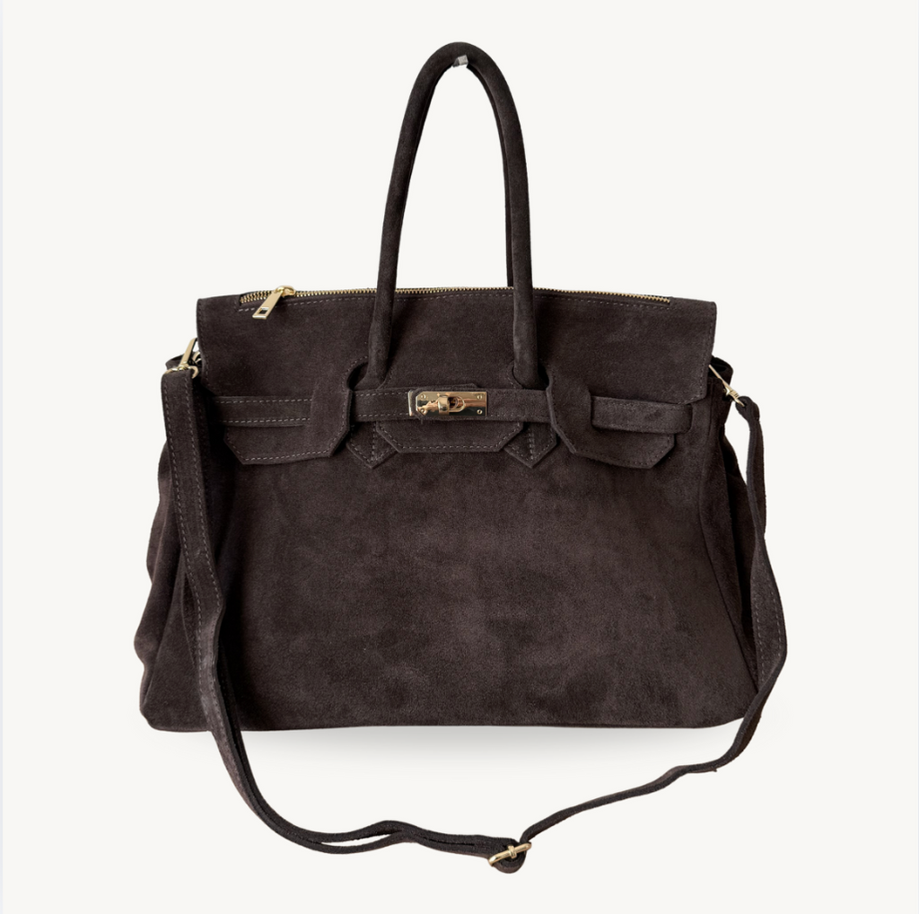 sac à main marron foncé en daim avec boucle dorée made in italy - Fiorella