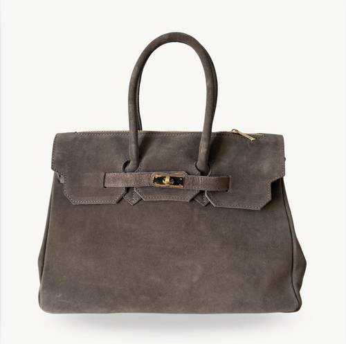 sac à main taupe foncé en daim avec boucle dorée made in italy - Fiorella