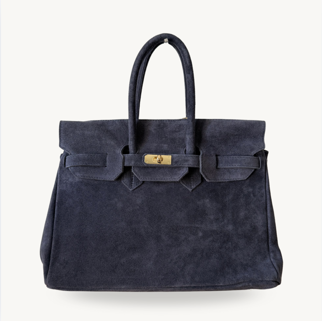 sac à main bleu en daim avec boucle dorée made in italy - Fiorella