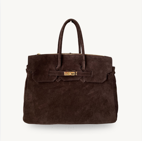 sac à main marron foncé en daim avec boucle dorée made in italy - Fiorella