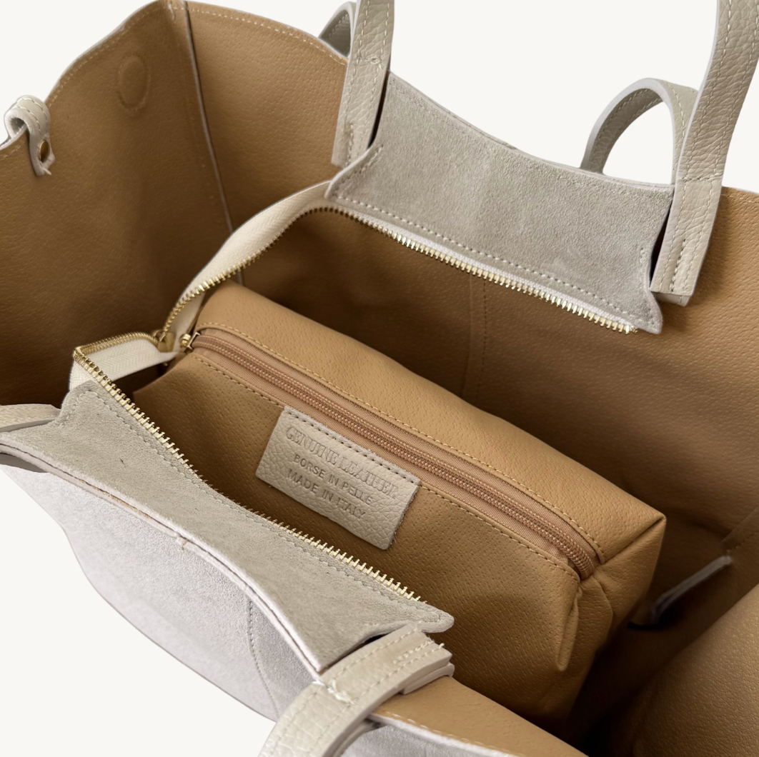 sac cabas ivoire en daim double anses made in italy - Fiorella