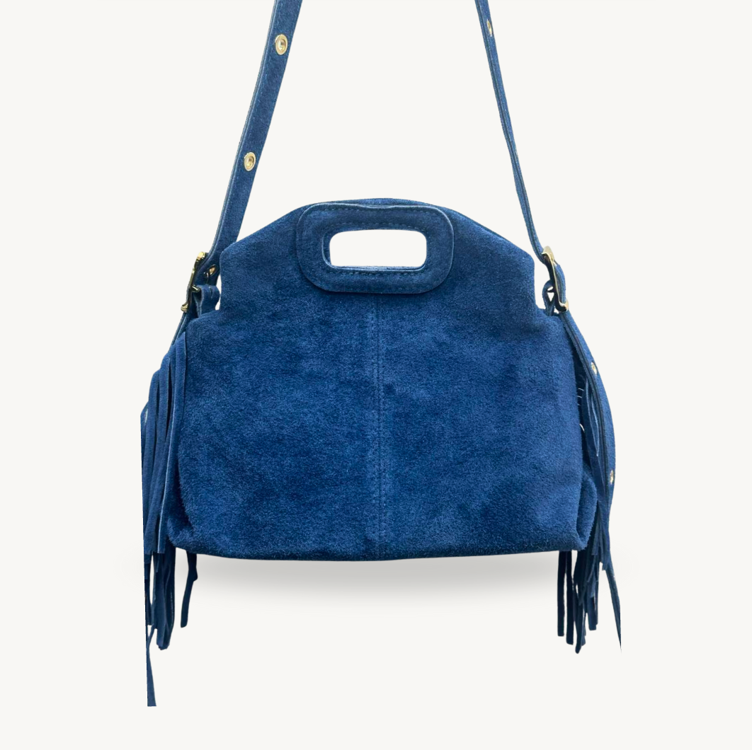Sac à bandoulière à franges en cuir daim bleu fabriqué en Italie - Fiorella