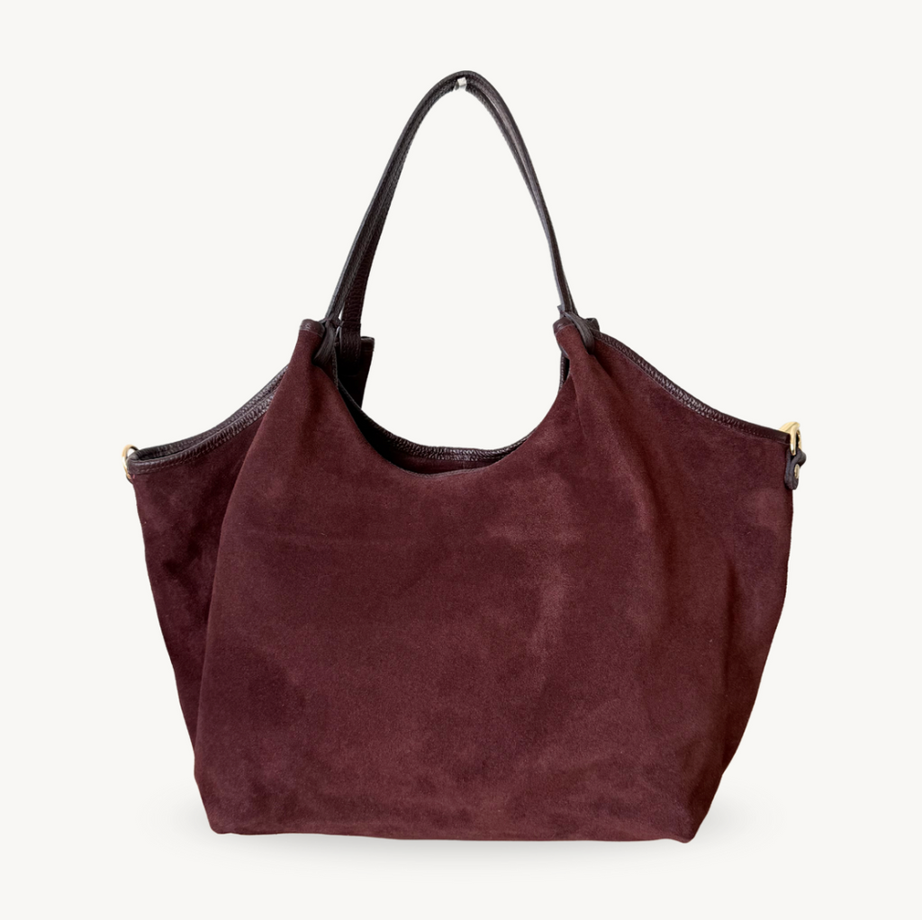 Sac cabas fourre-tout bordeaux foncé en daim made in Italy - Fiorella