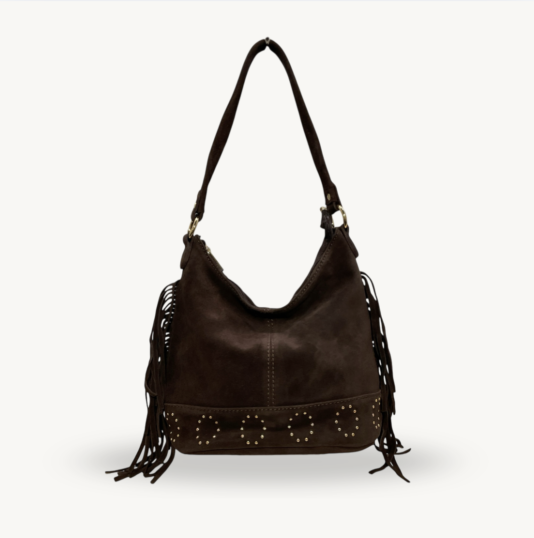 Sac hobo daim marron franges clous dorés made in Italy Fiorella GLORIA