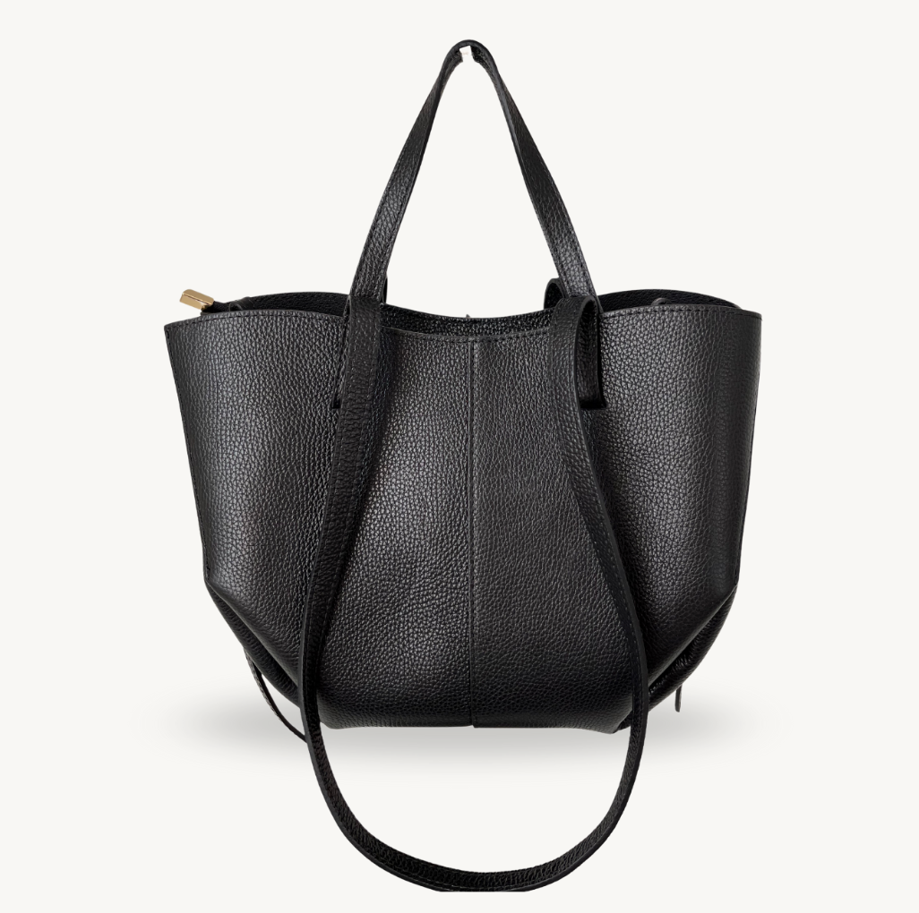 sac cabas noir double anses en cuir made in italy - Fiorella