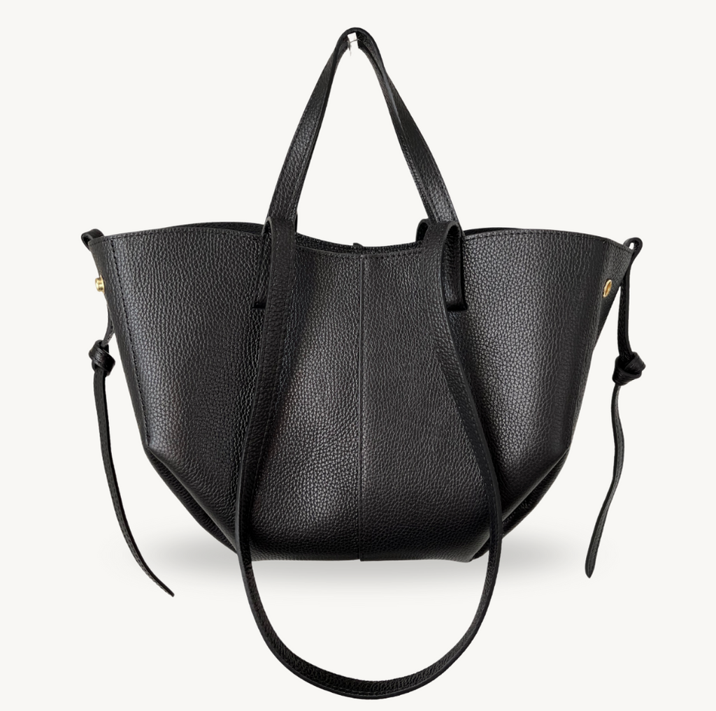 sac cabas noir double anses en cuir made in italy - Fiorella
