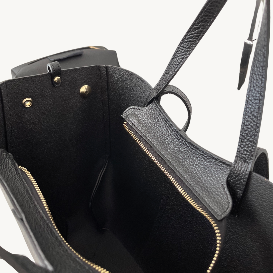 sac cabas noir double anses en cuir made in italy - Fiorella