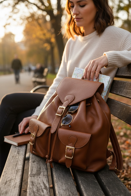 Sac à dos camel en cuir pour femme made in italy - Fiorella