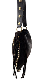 sac épaule marron foncé en daim à franges et clous dorés made in italy - Fiorella