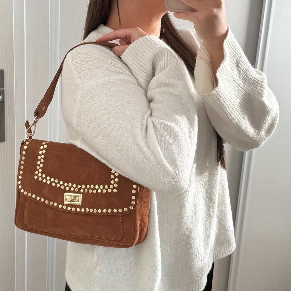Sac à bandoulière camel en daim et studs dorés made in Italy - Fiorella