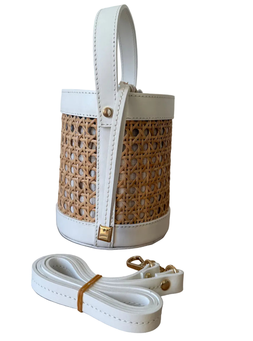 Sac seau en cuir blanc et cannage made in Italy