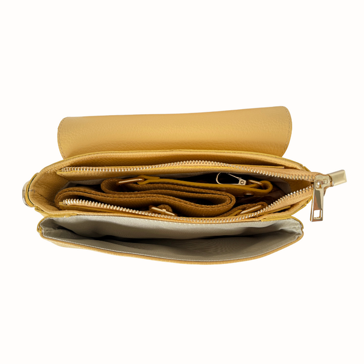 Sac à bandoulière femme en cuir jaune type cartable inspiration Louis Vuitton fabrication italienne