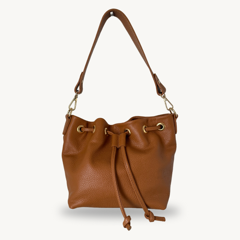 Sac à bandoulière et seau camel en cuir made in Italy - Fiorella