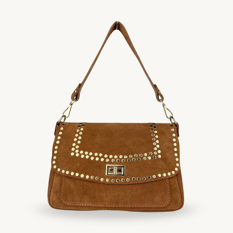 Sac à bandoulière camel en daim et studs dorés made in Italy - Fiorella