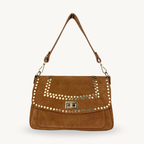 Sac à bandoulière camel en daim et studs dorés made in Italy - Fiorella