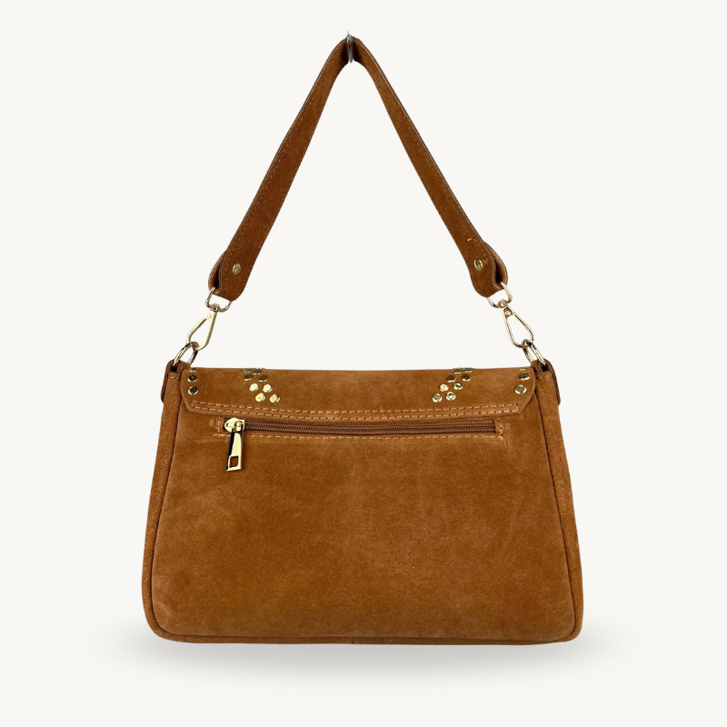 Sac à bandoulière camel en daim et studs dorés made in Italy - Fiorella