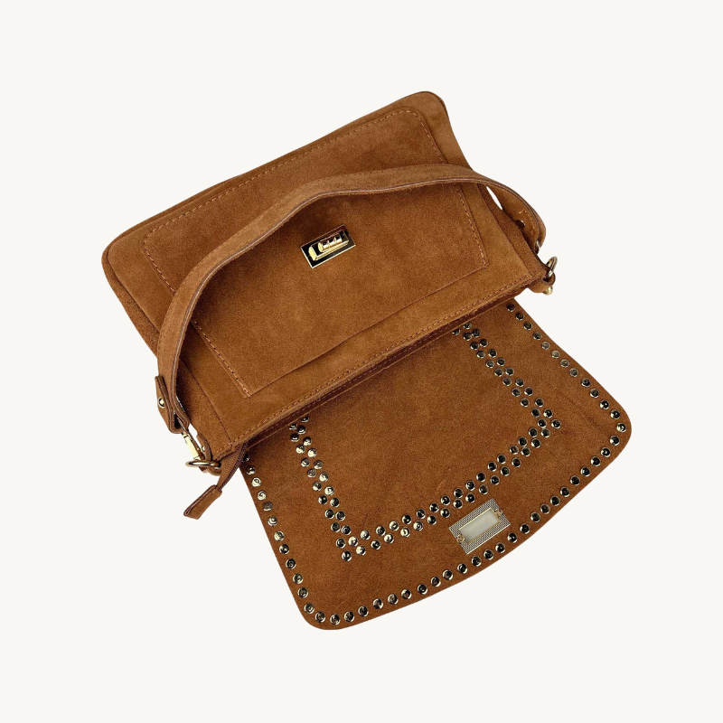 Sac à bandoulière camel en daim et studs dorés made in Italy - Fiorella