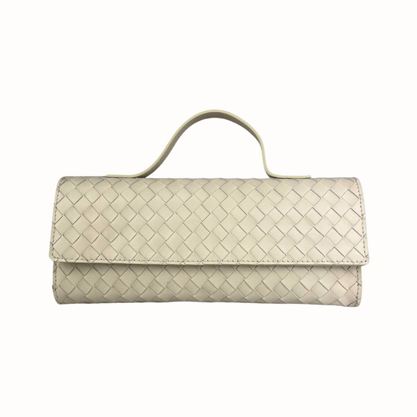 Pochette de soirée en cuir tressé ivoire, fabriqué en Italie avec bandoulière amovible et réglable