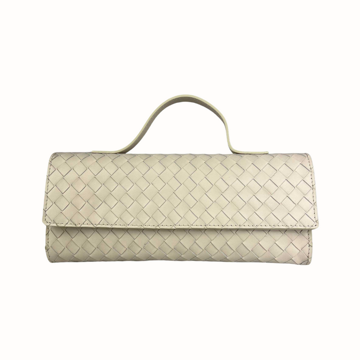Pochette Giorgia en cuir tressé italien, design minimaliste, fabriqué en Italie avec anse bandoulière amovible et réglable