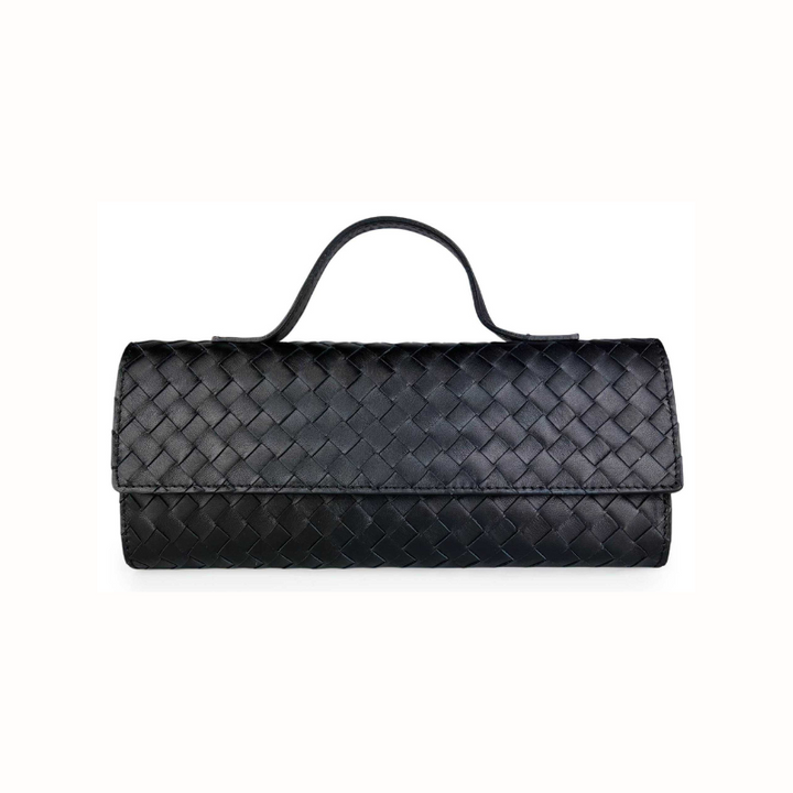 Pochette Giorgia en cuir tressé italien, design minimaliste, fabriqué en Italie avec anse bandoulière amovible et réglable