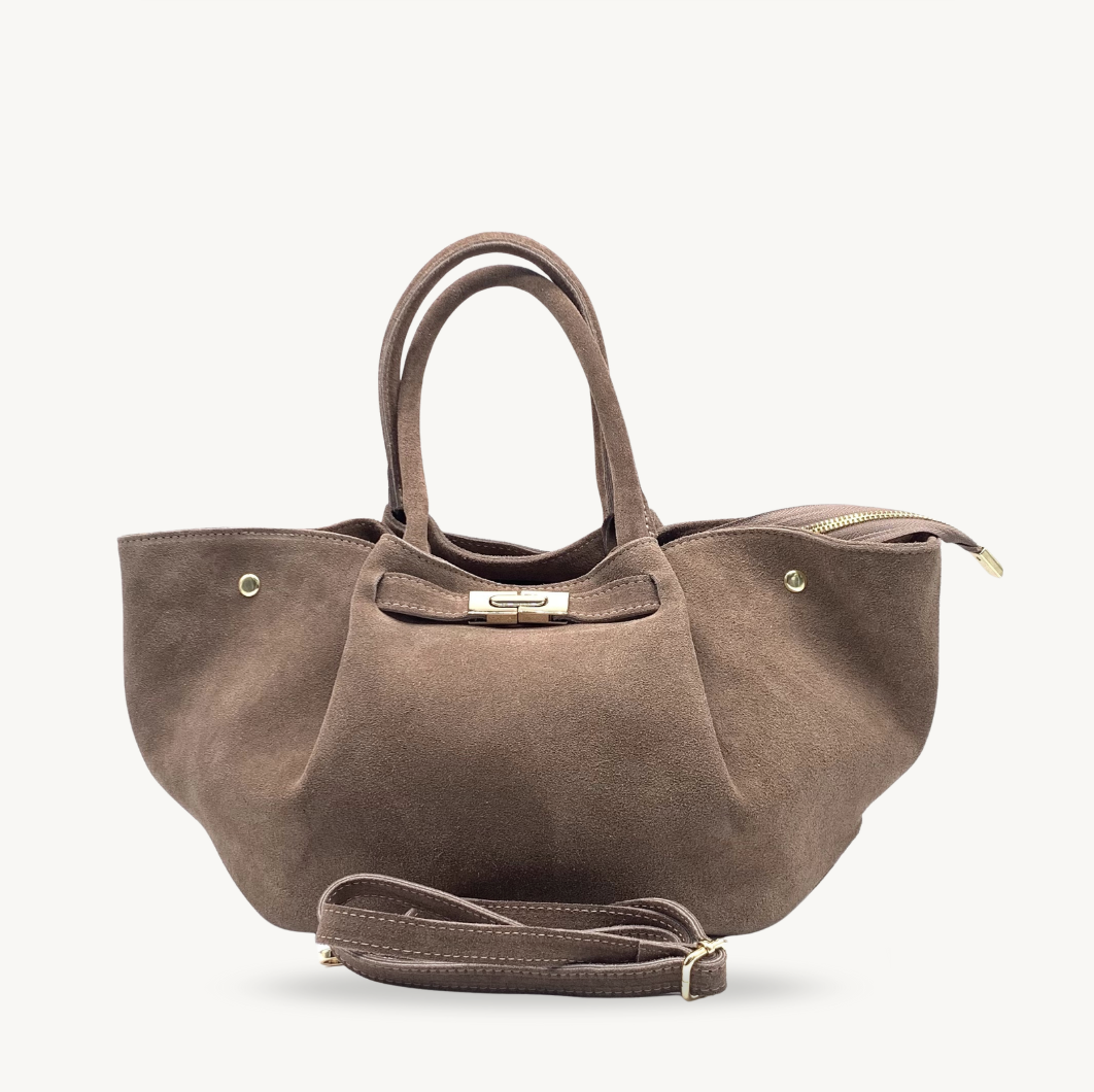 Sac a main taupe en daim fabrique en Italie 