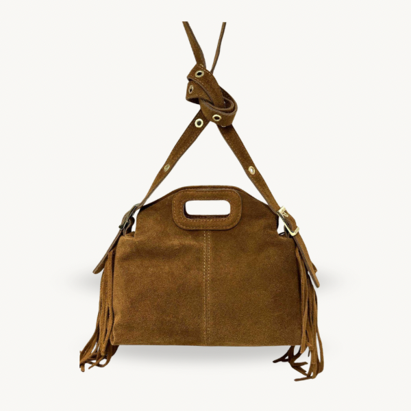 Sac à bandoulière à franges en cuir daim camel fabriqué en Italie - Fiorella
