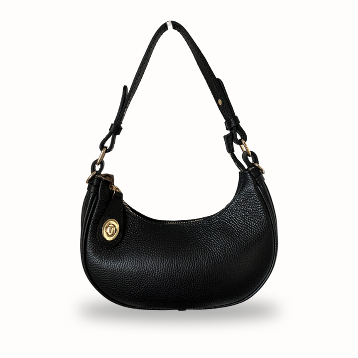 Sac à main et bandoulière Chiara en cuir grainé noir, fabrication italienne, porté épaule ou bandoulière