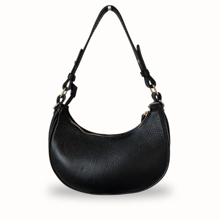 Sac à main et bandoulière Chiara en cuir grainé noir, fabrication italienne, porté épaule ou bandoulière